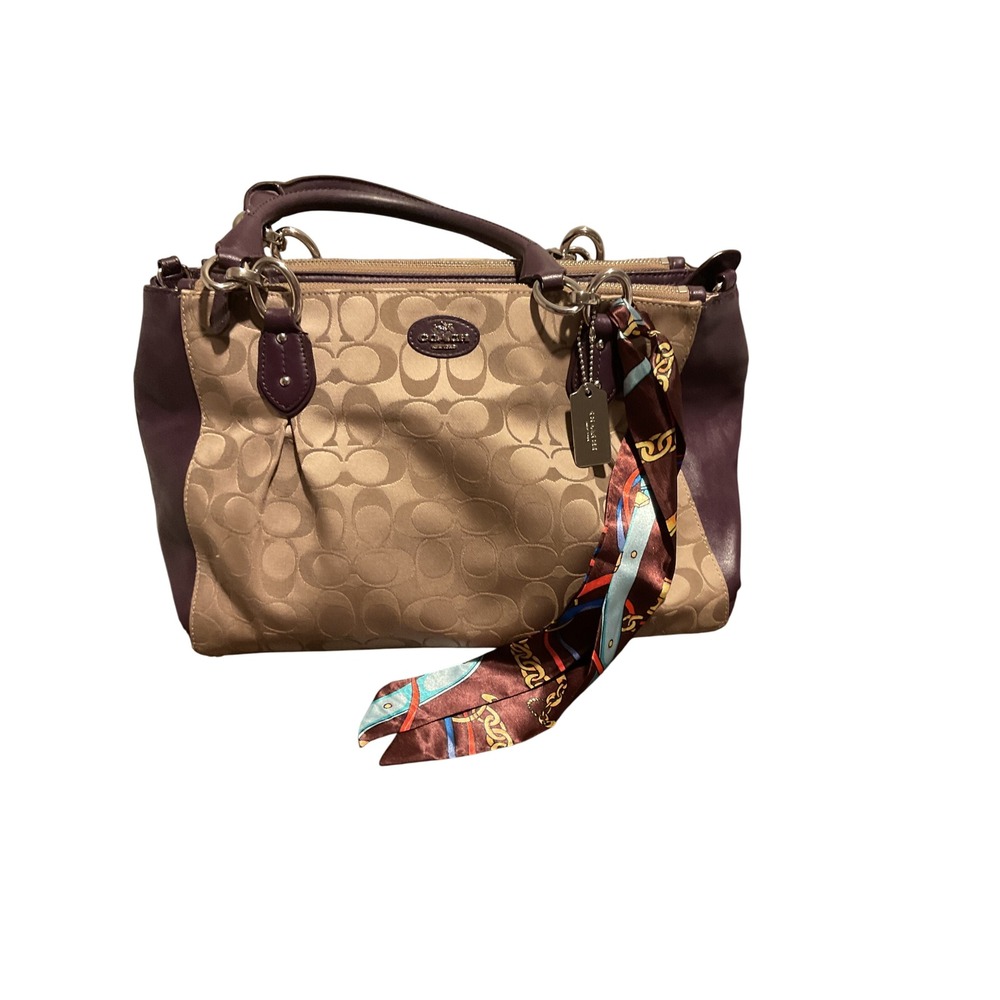 Coach Signature C Monogram Satchel Handbag Purple Leather‎ Trim Scarf Accent